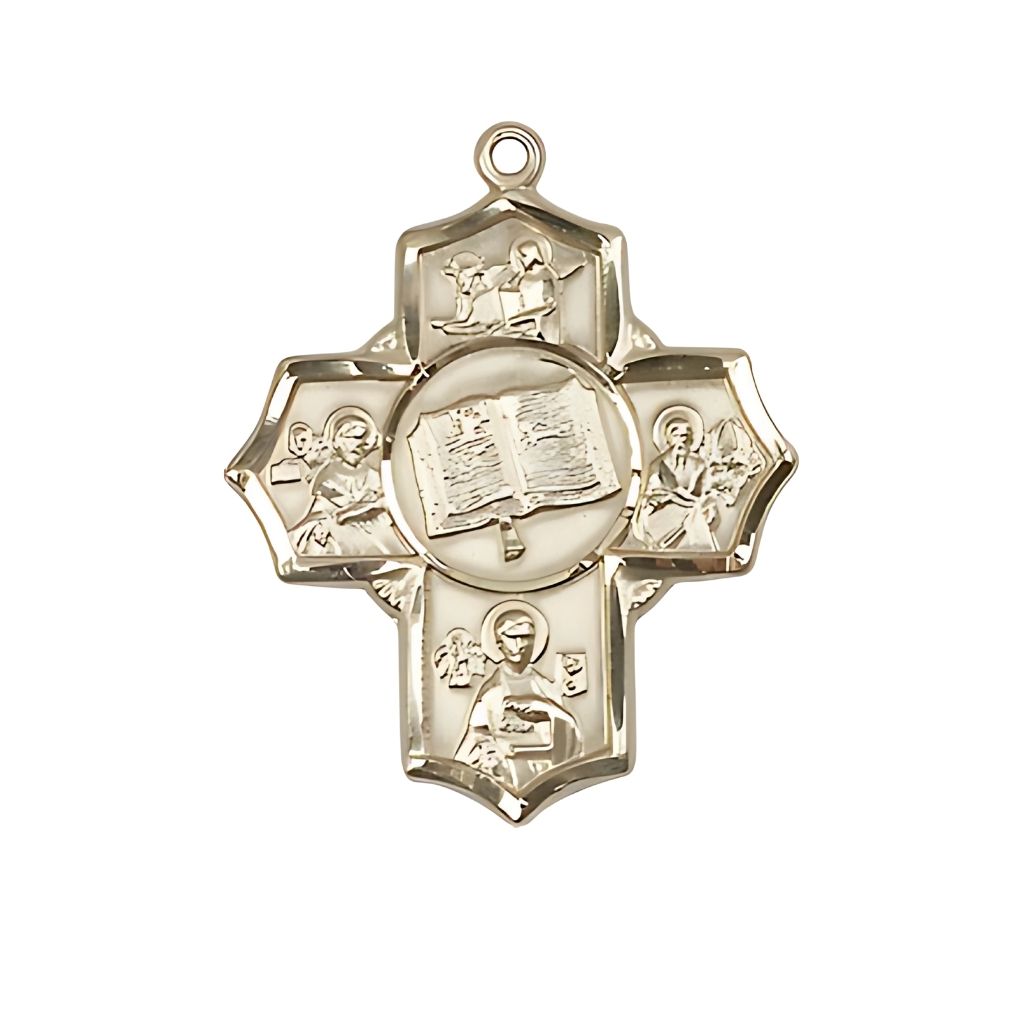 Bliss Apostle 5-Way Cross 14kt Gold Medal,  Measures 1 1/4-inch tall by 1-inch wide, St. Mark, St. John the Apostle, St. Luke, St. Matthew and Bible in the center.