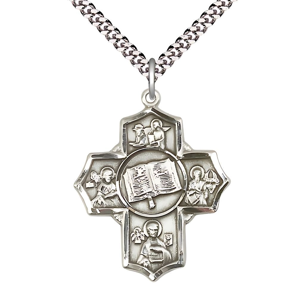 Bliss Apostle 5-Way Cross Pewter Medal features St. Mark the Evangelist at the top, St. John the Apostle right, St. Luke the Apostle bottom, St. Matthew the Apostle left and Bible in the center.
