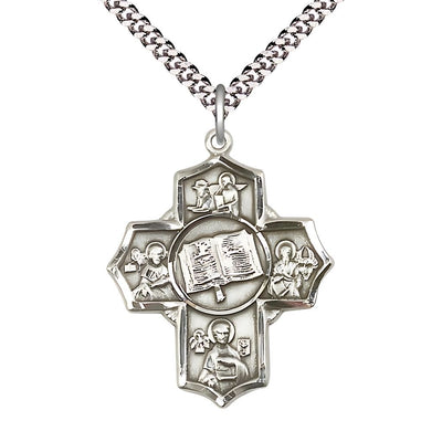 Apostle 5-Way Cross Pewter Medal features St. Mark the Evangelist at the top, St. John the Apostle right, St. Luke the Apostle bottom, St. Matthew the Apostle left and Bible, Bliss Manufacturing