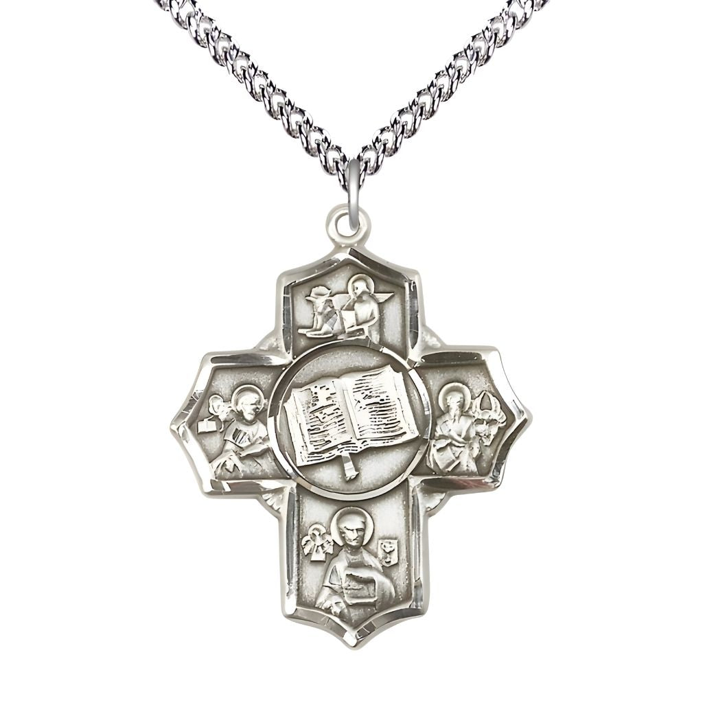 Bliss Apostle 5-Way Cross Sterling Silver Medal with a Sterling Chain,  Measures 1 1/4-inch tall by 1-inch wide, St. Mark, St. John the Apostle, St. Luke, St. Matthew and Bible in the center.