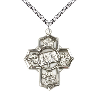 Apostle 5-Way Cross Sterling Silver Medal with a Sterling Chain, Measures 1 1/4-inch tall by 1-inch wide, St. Mark, St. John the Apostle, St. Luke, St. Matthew and Bible, Bliss Manufacturing