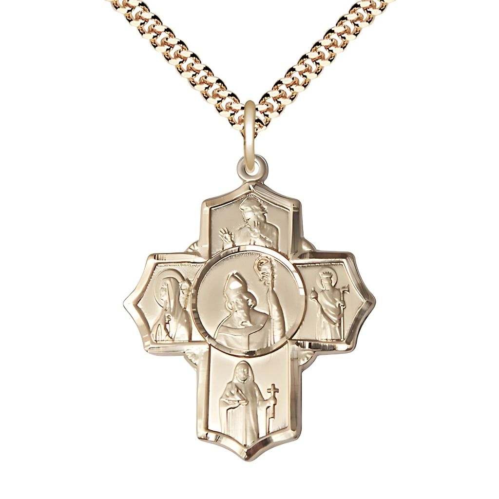 St. Patrick Irish 5-Way Cross 14kt Gold-filled Medal with Gold-plated Chain, St. Finnian, St. Bridget, St. Brendan, St. Aedan and St. Patrick in the center.