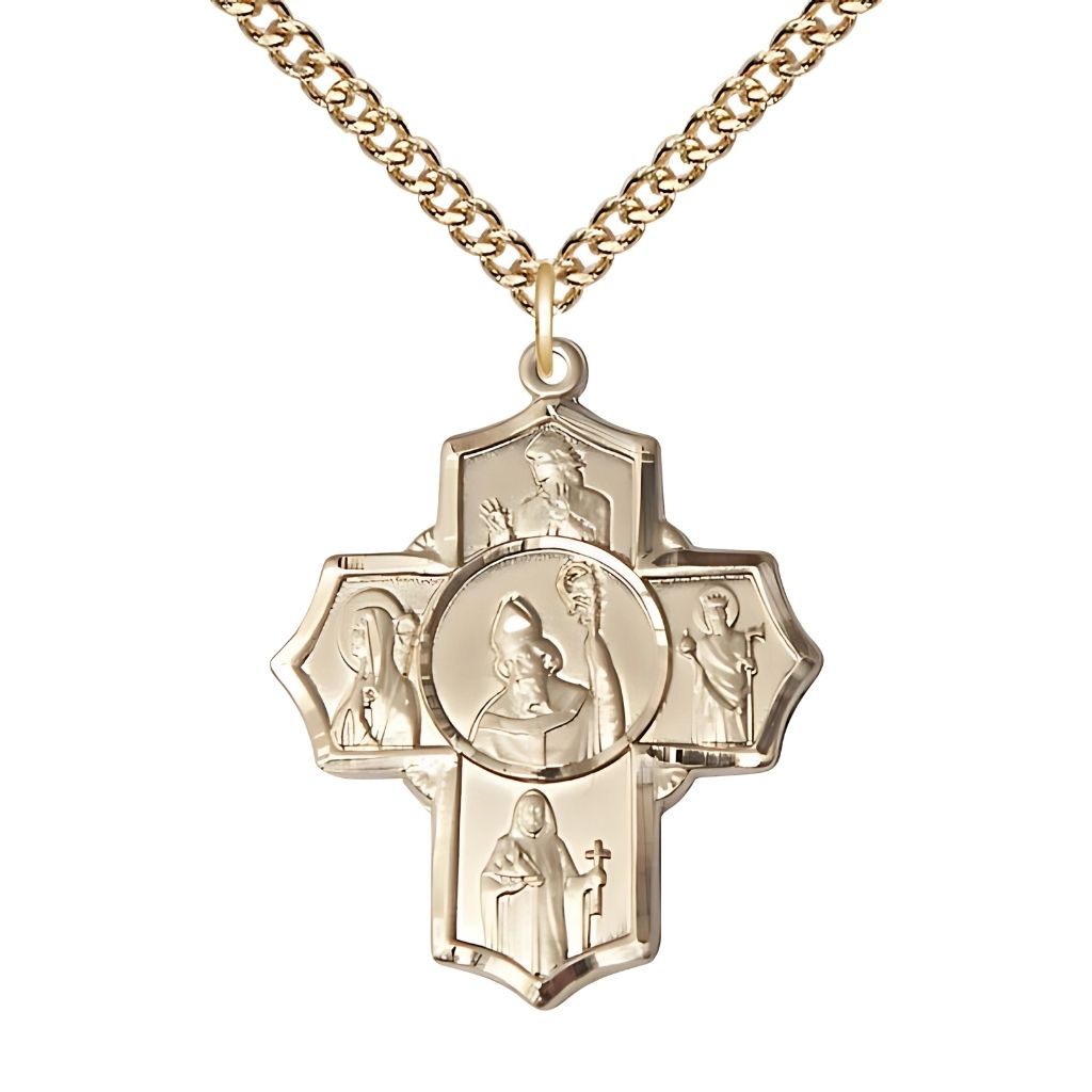 St. Patrick Irish 5-Way Cross 14kt Gold-filled Medal with Gold-filled Chain, St. Finnian, St. Bridget, St. Brendan, St. Aedan and St. Patrick in the center.