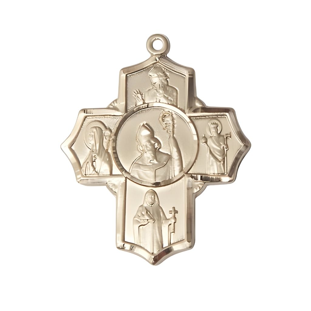 St. Patrick Irish 5-Way Cross 14kt Gold Medal, St. Finnian, St. Bridget, St. Brendan, St. Aedan and St. Patrick in the center.