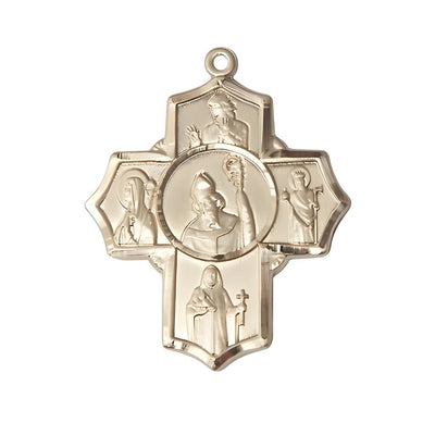 St. Patrick Irish 5-Way Cross 14kt Gold Medal, St. Finnian, St. Bridget, St. Brendan, St. Aedan and St. Patrick in the center, Bliss Manufacturing