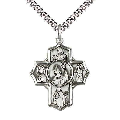 St. Patrick Irish 5-Way Cross Pewter Medal with Plated Chain, St. Finnian, St. Bridget, St. Brendan, St. Aedan and St. Patrick in the center, Bliss Manufacturing