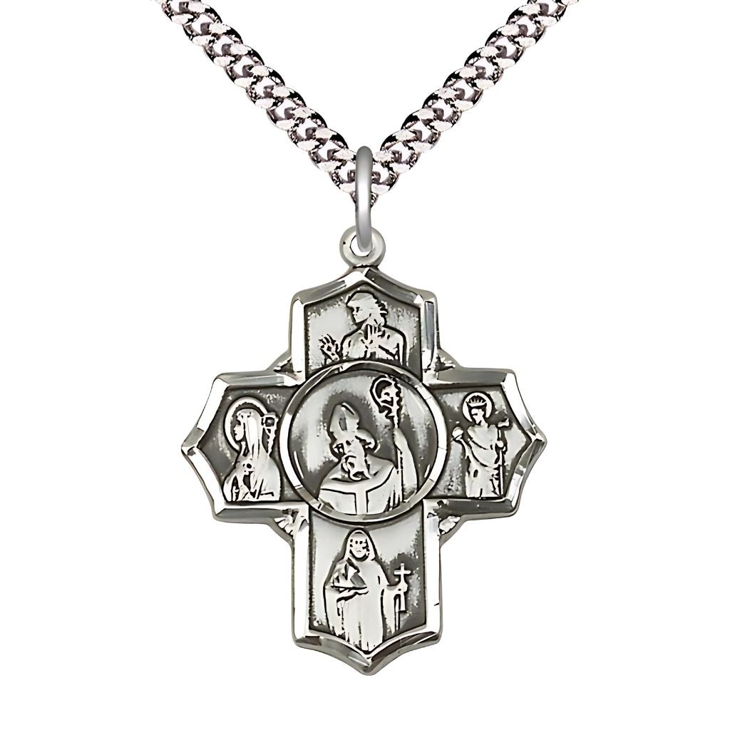 St. Patrick Irish 5-Way Cross Sterling Silver Medal with Plated Chain, St. Finnian, St. Bridget, St. Brendan, St. Aedan and St. Patrick in the center.