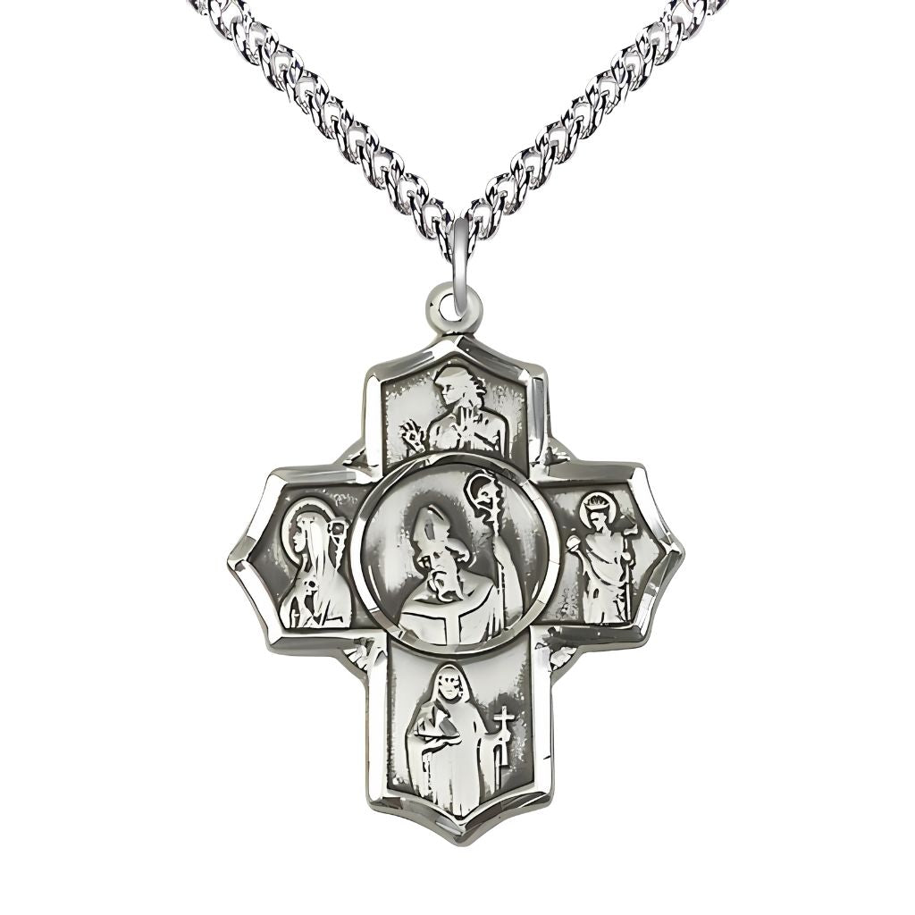 St. Patrick Irish 5-Way Cross Sterling Silver Medal with Sterling Chain, St. Finnian, St. Bridget, St. Brendan, St. Aedan and St. Patrick in the center.