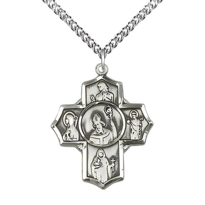 St. Patrick Irish 5-Way Cross Sterling Silver Medal with Sterling Chain, St. Finnian, St. Bridget, St. Brendan, St. Aedan and St. Patrick in the center, Bliss Manufacturing