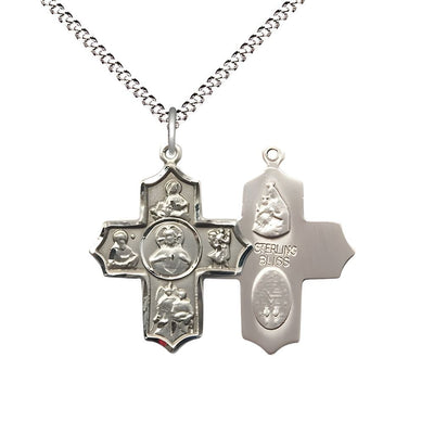 Sacred Heart 5-Way Cross Sterling Silver Pendant with Plated Chain, Medal Measures 7/8-inch tall by 3/4-inch wide, Bliss Manufacturing