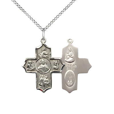 Sacred Heart 5-Way Cross Sterling Silver Pendant with Sterling Silver Chain, Medal Measures 7/8-inch tall by 3/4-inch wide, Bliss Manufacturing