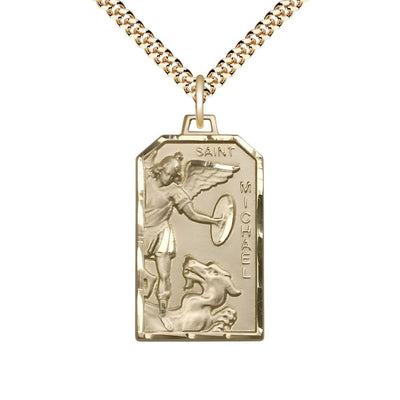 St. Michael Standing on the Dragon 14kt Gold-filled Medal with Gold-plated Chain, Measures 1 1/8-inch tall by 5/8-inch wide, Bliss Manufacturing