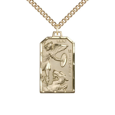 St. Michael Standing on the Dragon 14kt Gold-filled Medal with Gold-filled Chain, Measures 1 1/8-inch tall by 5/8-inch wide, Bliss Manufacturing