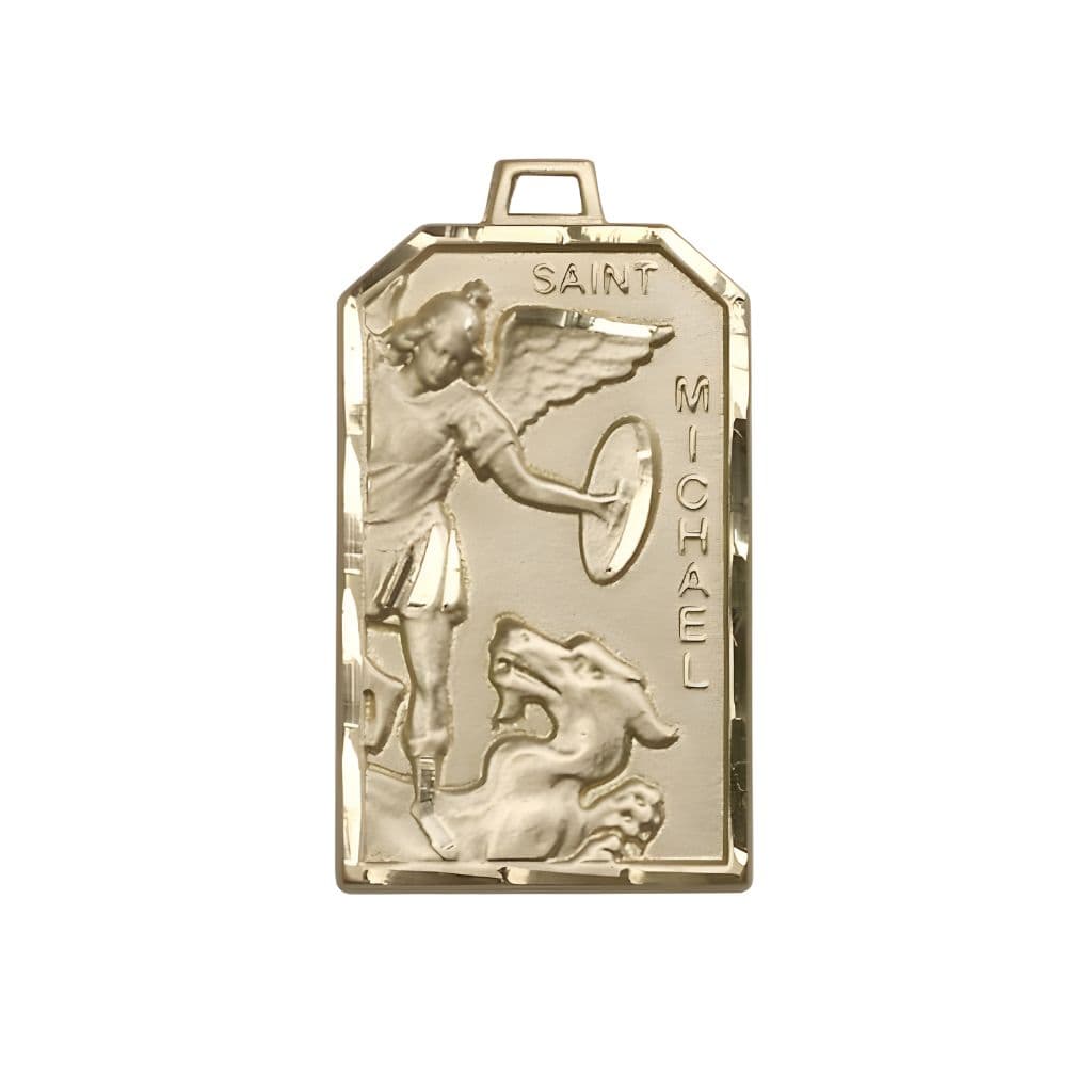 Bliss St. Michael Standing on the Dragon 14kt Gold Medal Pendant, Measures 1 1/8-inch tall by 5/8-inch wide.
