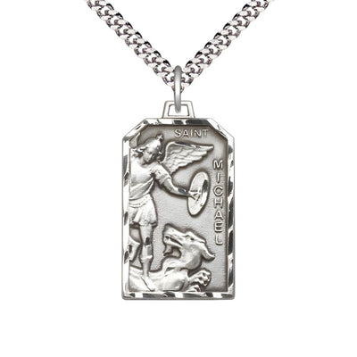 St. Michael Standing on the Dragon Sterling Silver Medal with Rhodium-plated Chain, Measures 1 1/8-inch tall by 5/8-inch wide, Bliss Manufacturing