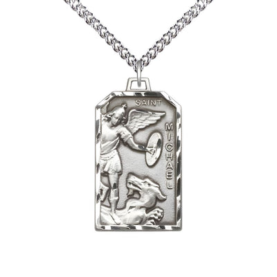 St. Michael Standing on the Dragon Sterling Silver Medal with Sterling Chain, Measures 1 1/8-inch tall by 5/8-inch wide, Bliss Manufacturing