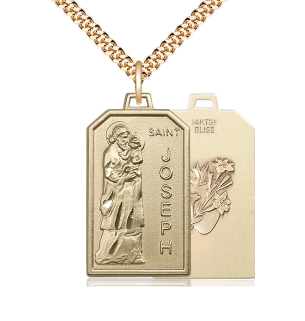 Bliss Manufacturing St Joseph Patron of Carpenters 14kt Gold Medal w/Lily on Back,