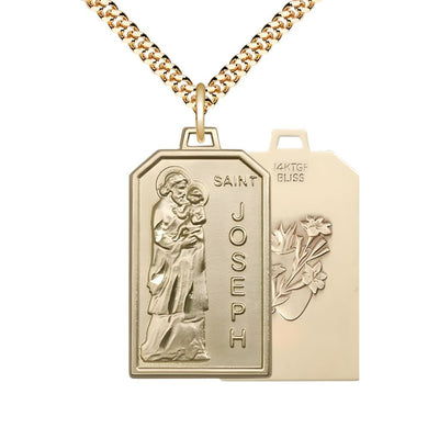 St Joseph Patron of Carpenters Gold-filled Medal w/Lily and Sacred Heart on Back with Gold-plated Chain, Bliss Manufacturing