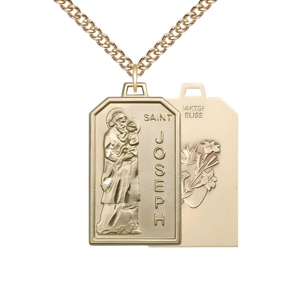 St Joseph Patron of Carpenters Gold-filled Medal w/Lily and Sacred Heart on Back with Gold-filled Chain