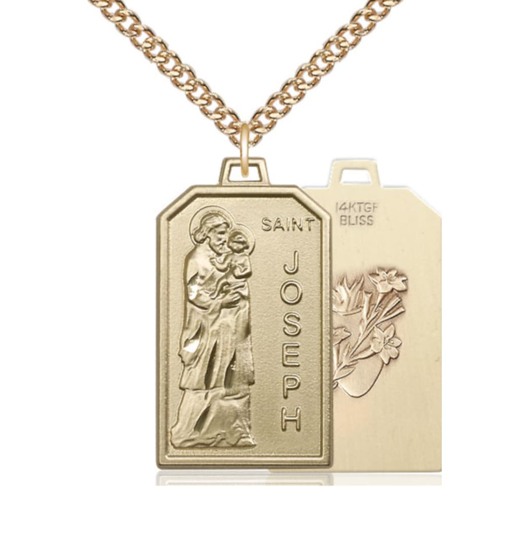 Bliss Manufacturing St Joseph Patron of Carpenters 14kt Gold Medal w/Lily on Back and 14kt Gold Chain,