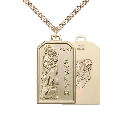 St. Joseph Patron of Carpenters 14kt Gold Medal with Lily and Sacred Heart on back and 14kt Gold Chain, Bliss Manufacturing