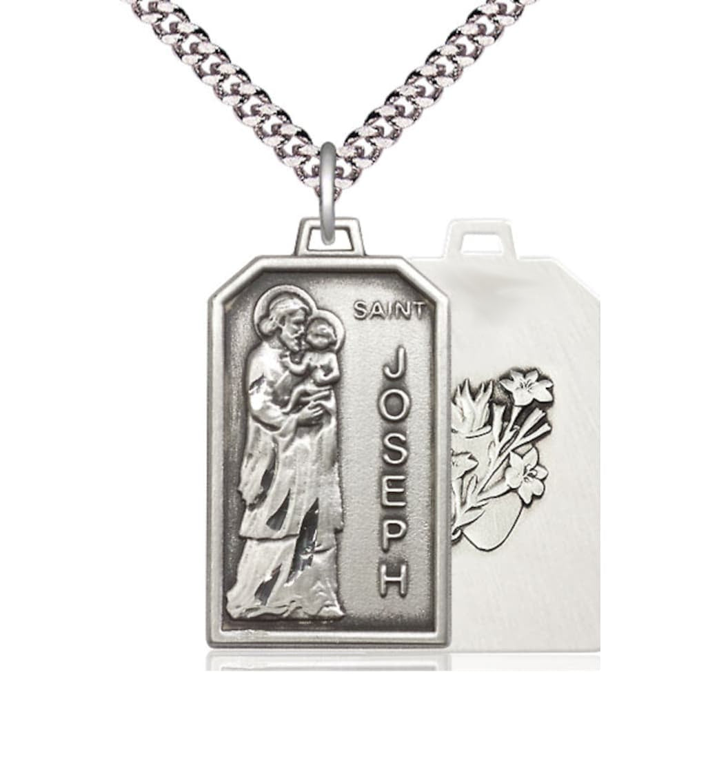 Bliss Manufacturing St Joseph Patron of Carpenters Pewter Medal w/Lily on Back and Plated Chain,