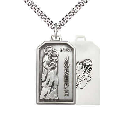 St Joseph Patron of Carpenters Pewter Medal w/Lily and Sacred Heart on Back and Plated Chain, Bliss Manufacturing