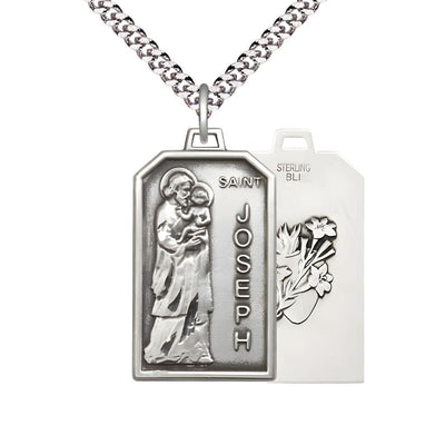 St Joseph Patron of Carpenters Sterling Silver Medal w/Lily and Sacred Heart on Back and Plated Chain, Bliss Manufacturing