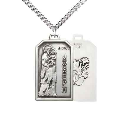 St Joseph Patron of Carpenters Sterling Silver Medal w/Lily and Sacred Heart on Back and Sterling Silver Chain, Bliss Manufacturing