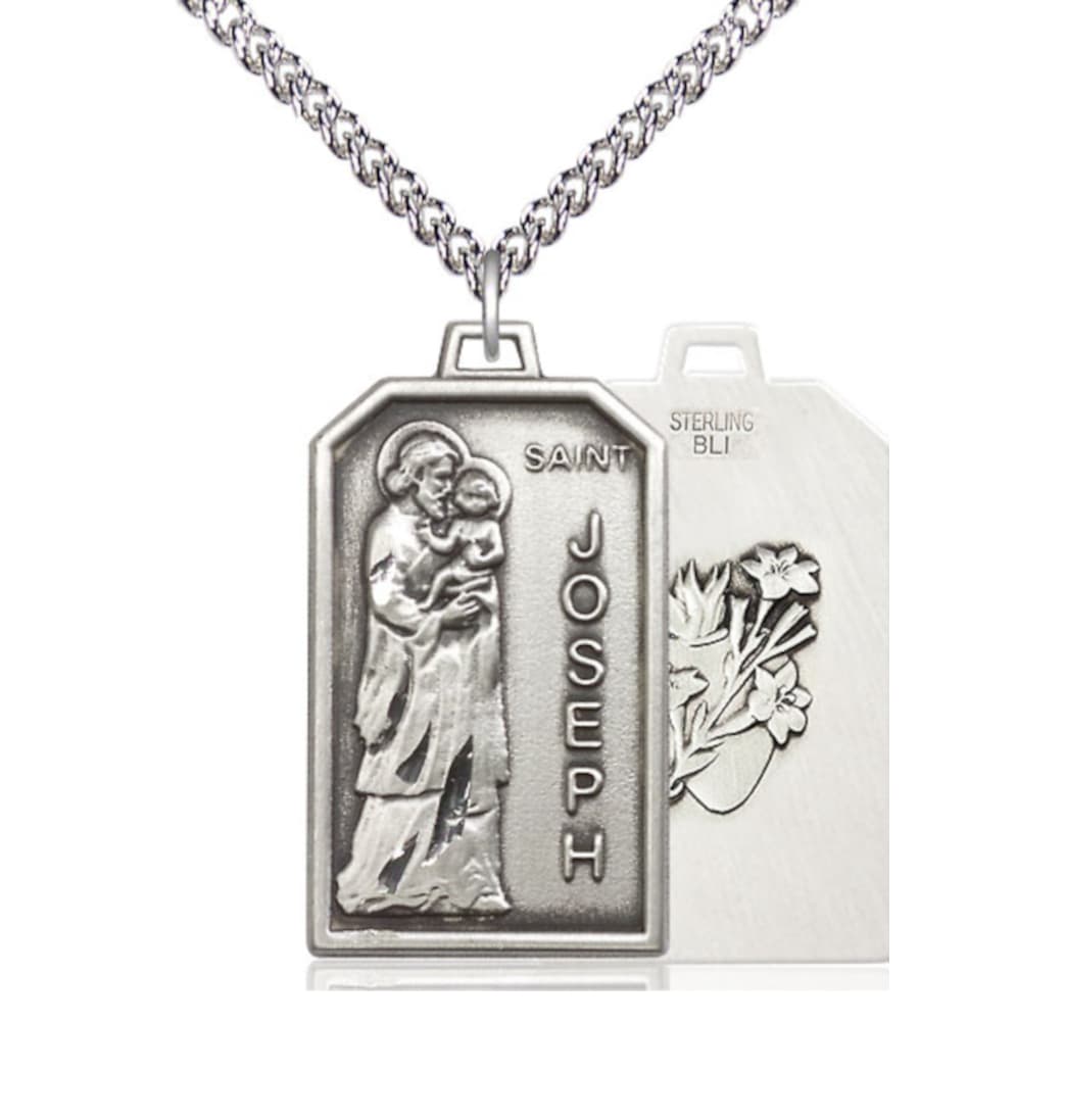 Bliss Manufacturing St Joseph Patron of Carpenters Sterling Silver Medal w/Lily on Back and Sterling Chain,