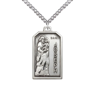 St Joseph Patron of Carpenters Medal with Plated Chain, sterling silver, Bliss Manufacturing
