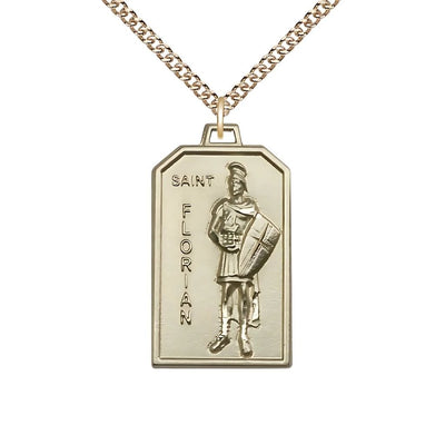 14kt Gold St Florian Patron Of Firefighters Medal Pendant With 14kt Chain, Measures 1 1/8-Inch Tall By 5/8-Inch Wide, Bliss Manufacturing