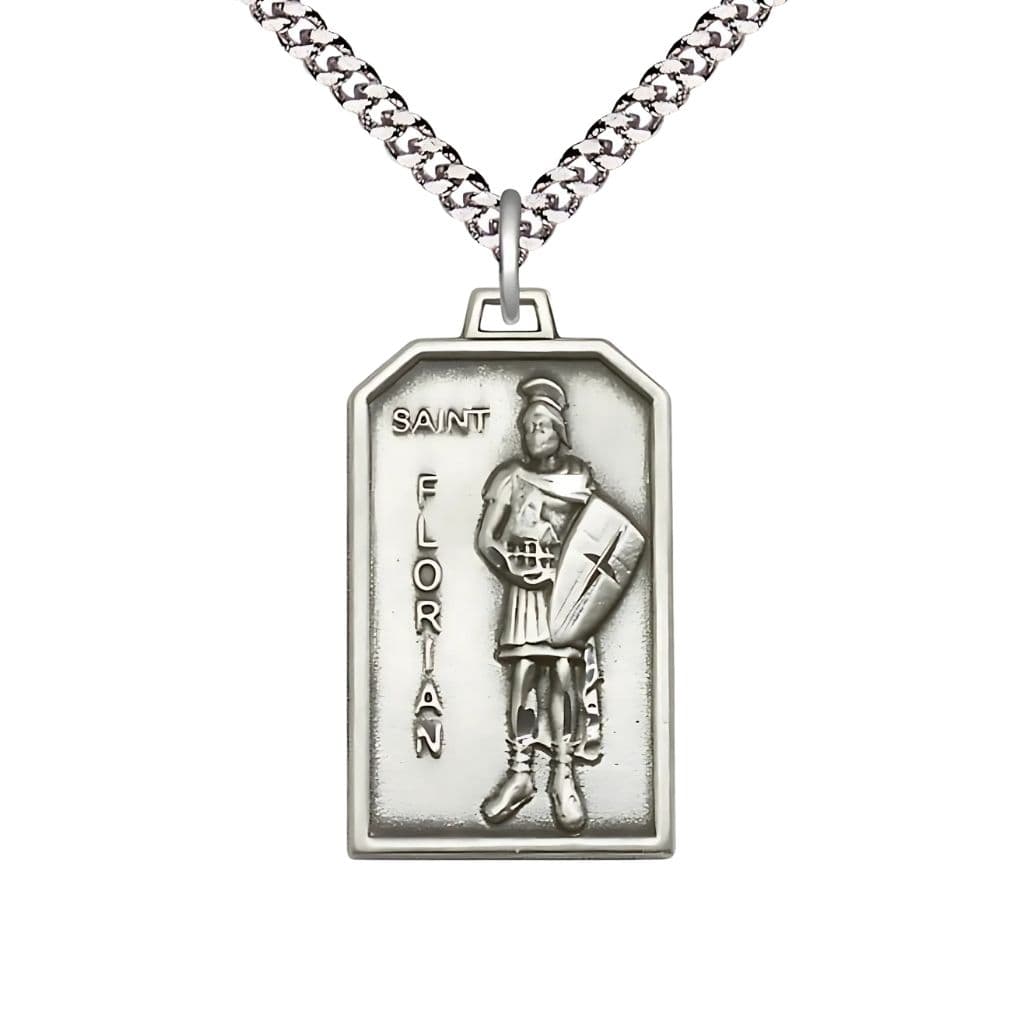 Bliss Manufacturing St Florian Patron of Firefighters Sterling Silver Medal Pendant with Plated Chain, Measures 1 1/8-inch tall by 5/8-inch wide
