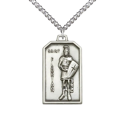 Sterling Silver St Florian Patron Of Firefighters Medal Pendant With Sterling Silver Chain, Measures 1 1/8-Inch Tall By 5/8-Inch Wide, Bliss Manufacturing