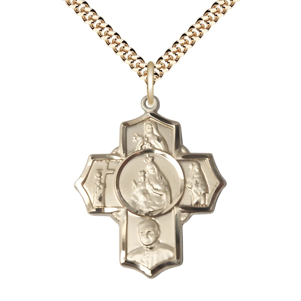 Bliss Carmelite 5-Way Cross 14kt Gold-filled Medal with a Gold-plated Chain,  Measures 1 1/4-inch tall by 1-inch wide,  St. Theresa, St. John of the Cross, St. John Paul II, St. Teresa of Avila and Our Lady of Mount Carmel