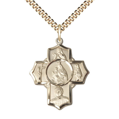 Carmelite 5-Way Cross 14kt Gold-filled Medal with a Gold-plated Chain, Measures 1 1/4-inch tall by 1-inch wide, St. Theresa, St. John of the Cross, St. John Paul II, St. Teresa, Bliss Manufacturing
