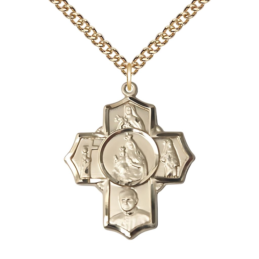 Bliss Carmelite 5-Way Cross 14kt Gold-filled Medal with a Gold-filled Chain,  Measures 1 1/4-inch tall by 1-inch wide,  St. Theresa, St. John of the Cross, St. John Paul II, St. Teresa of Avila and Our Lady of Mount Carmel