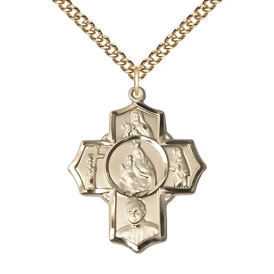 Carmelite 5-Way Cross 14kt Gold-filled Medal with a Gold-filled Chain, Measures 1 1/4-inch tall by 1-inch wide, St. Theresa, St. John of the Cross, St. John Paul II, St. Teresa, Bliss Manufacturing