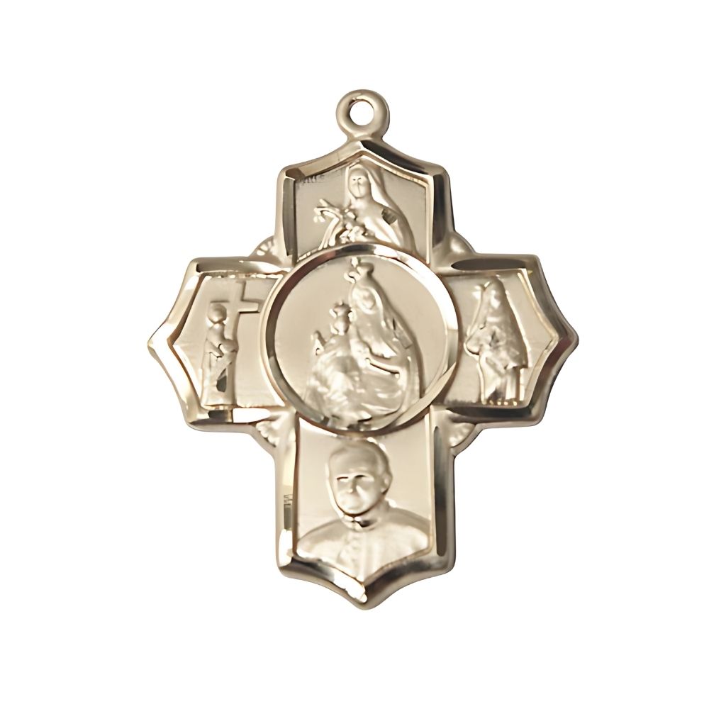 Bliss Carmelite 5-Way Cross 14kt Gold Medal,  Measures 1 1/4-inch tall by 1-inch wide,  St. Theresa, St. John of the Cross, St. John Paul II, St. Teresa of Avila and Our Lady of Mount Carmel