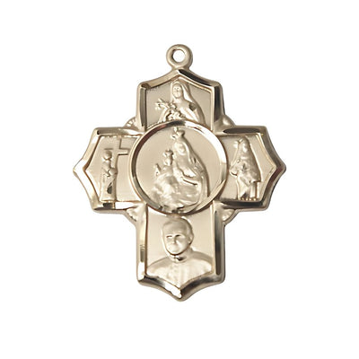 Carmelite 5-Way Cross 14kt Gold Medal, Measures 1 1/4-inch tall by 1-inch wide, St. Theresa, St. John of the Cross, St. John Paul II, St. Teresa of Avila and Our Lady of Mount, Bliss Manufacturing