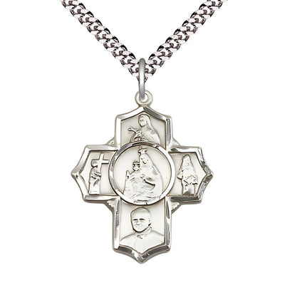 Carmelite 5-Way Cross Pewter Medal with Plated Chain, Measures 1 1/8-inch tall by 1-inch wide, features St. Theresa, St. John of the Cross, St. John Paul II St. Teresa of Avila, Bliss Manufacturing
