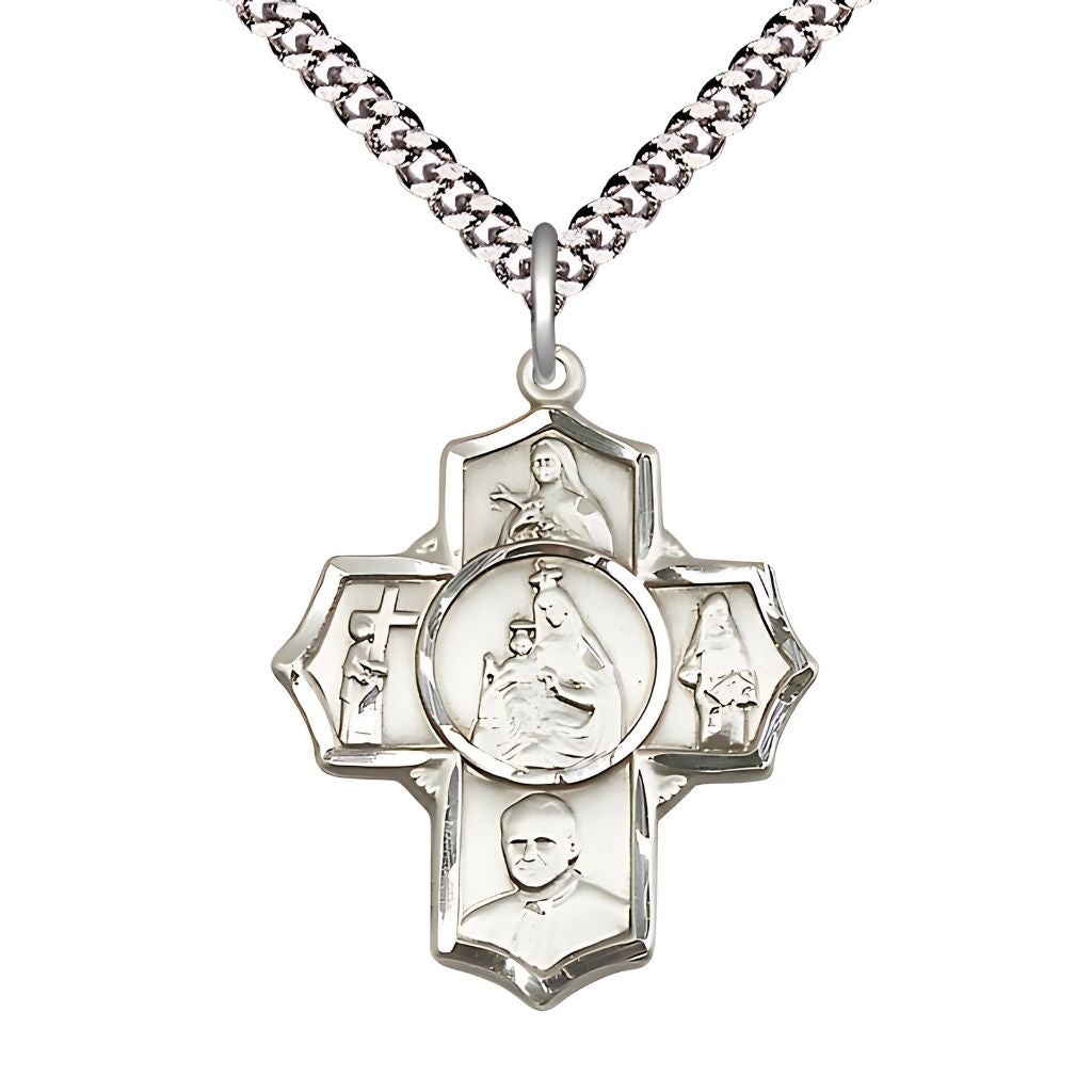Bliss Carmelite 5-Way Cross Sterling Silver Medal with a Plated Chain,  Measures 1 1/4-inch tall by 1-inch wide,  St. Theresa, St. John of the Cross, St. John Paul II, St. Teresa of Avila and Our Lady of Mount Carmel,