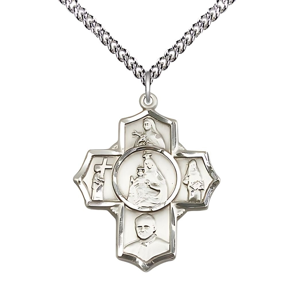 Bliss Carmelite 5-Way Cross Sterling Silver Medal with a Sterling Silver Chain,  Measures 1 1/4-inch tall by 1-inch wide,  St. Theresa, St. John of the Cross, St. John Paul II, St. Teresa of Avila and Our Lady of Mount Carmel