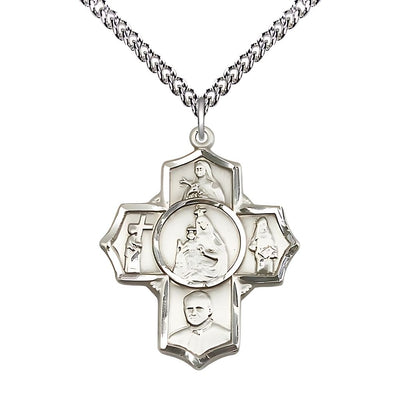 Carmelite 5-Way Cross Sterling Silver Medal with a Sterling Silver Chain, Measures 1 1/4-inch tall by 1-inch wide, St. Theresa, St. John of the Cross, St. John Paul II, St. Teresa, Bliss Manufacturing