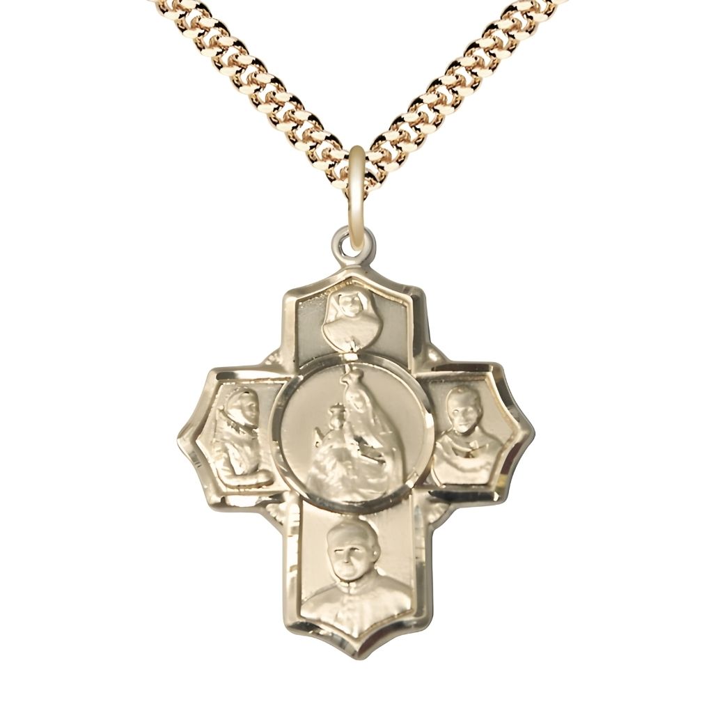 Bliss Polish 5-Way Cross 14kt Gold-filled Medal with a Gold-plated Chain,  Measures 1 1/4-inch tall by 1-inch wide, Saints; St. Maria Faustina, St. Pio, St. John Paul II, St. Maximilian Kolbe and Our Lady of Mount Carmel