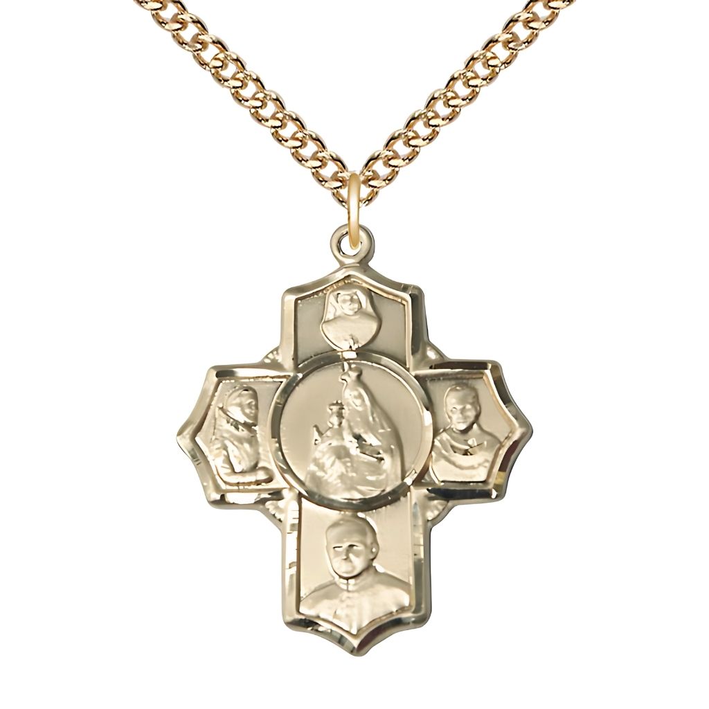 Bliss Polish 5-Way Cross 14kt Gold-filled Medal with a Gold-filled Chain,  Measures 1 1/4-inch tall by 1-inch wide, Saints; St. Maria Faustina, St. Pio, St. John Paul II, St. Maximilian Kolbe and Our Lady of Mount Carmel