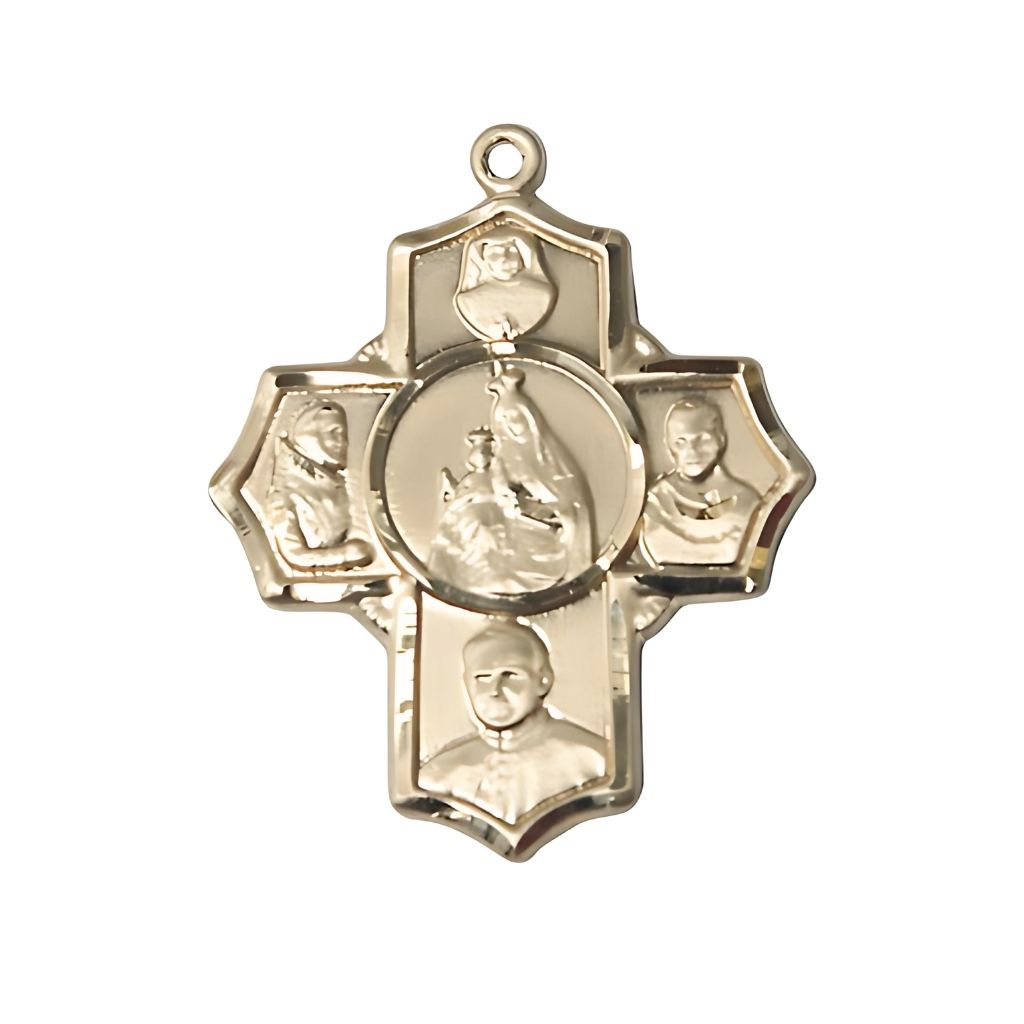 Bliss Polish 5-Way Cross 14kt Gold Medal,  Measures 1 1/4-inch tall by 1-inch wide, Saints; St. Maria Faustina, St. Pio, St. John Paul II, St. Maximilian Kolbe and Our Lady of Mount Carmel
