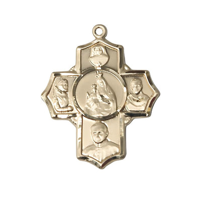 Polish 5-Way Cross 14kt Gold Medal, Measures 1 1/4-inch tall by 1-inch wide, Saints; St. Maria Faustina, St. Pio, St. John Paul II, St. Maximilian Kolbe and Our Lady of Mount, Bliss Manufacturing
