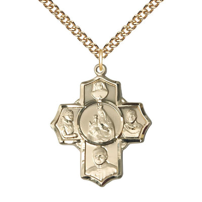 Polish 5-Way Cross 14kt Gold Medal with a 14kt Gold Chain, Measures 1 1/4-inch tall by 1-inch wide, Saints; St. Maria Faustina, St. Pio, St. John Paul II, St. Maximilian Kolbe, Bliss Manufacturing