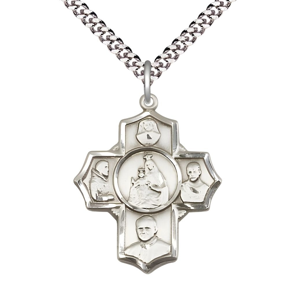 Bliss Apostle 5-Way Cross Pewter Medal features St. Maria Faustina, St. Pio, St. John Paul II, St. Maximilian Kolbe and Our Lady of Mount Carmel in the center.